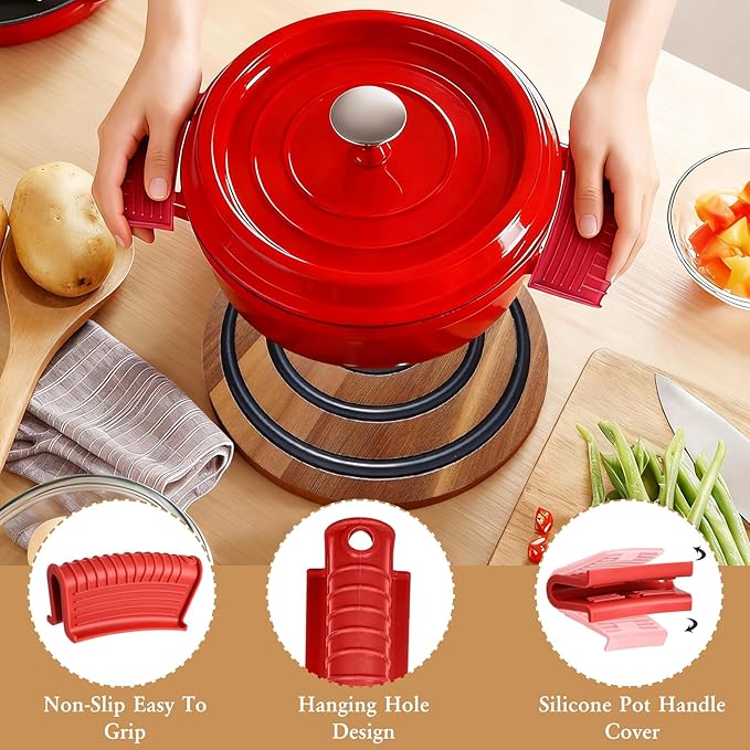 2 PCS Magnetic Wooden Trivets for Hot Pots and Pans with 4 Silicone Pot Handle Covers, Heat Resistant Acacia Wood Trivet for Dutch Ovens Hot Pots&Pans Cast Iron Skillet, for Mom Grandma