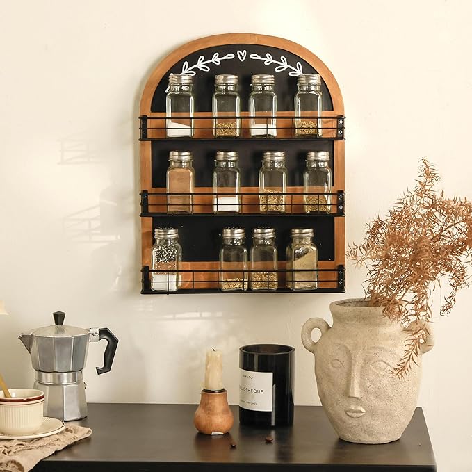 Wall Mount Spice Rack with Blackboard 3 Tier Wooden Spice Shelf Organizer for Kitchen or Pantry Space Saving Wall-mounted Spice Holder for 18 Jars, Black