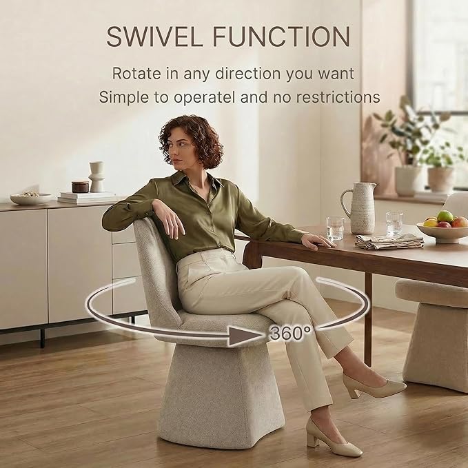 Swivel Dining Chairs Set of 2, Upholstered Mid Century Modern Deskchair with High Back, Linen Fabric Kitchen Chairs for Dining Room, Bedroom, Dressing Room, Khaki
