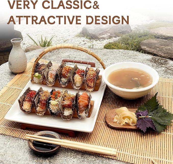 Wooden Taco Holder Stand for Sushi Hand Roll, Temaki & Sushi Roll – 1/2/3/5 Slot Sushi Display Tray, Natural Wood Serving Platter (10 pcs per Pack) (5 Slots (10 pcs))