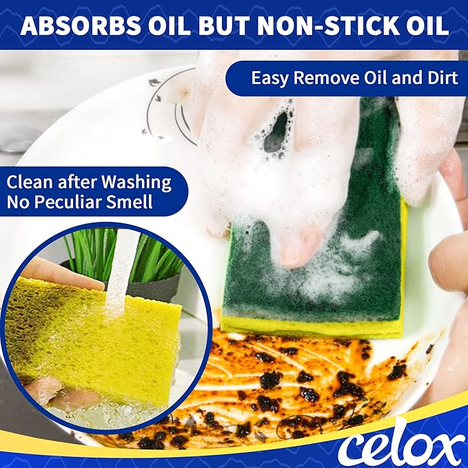 CELOX 24 Pack Dish Sponge for Kitchen, Dish Brush with Soap Dispenser for Cleaning Pots, Dishes, Bowls, Gray