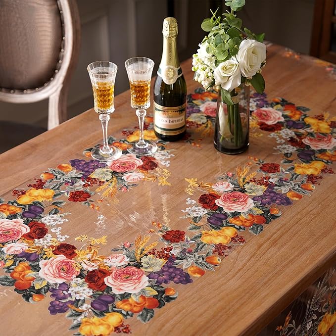 Clear Table Cover Protector Vinyl PVC Rectangle Table Cloth Oil Spill Proof Plastic Tablecloths for Dining Tables Parties Holidays (Floral Fruit, 60 x 84 Inches)