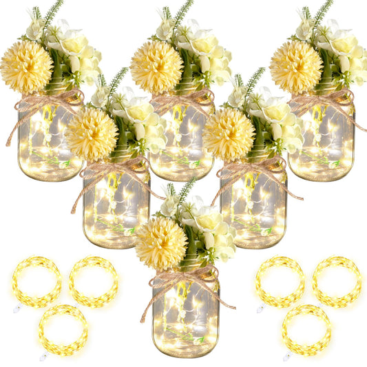 Chunful 6 Pcs Glass Mason Jar with LED Lights for Table Centerpiece Decorations Set Clear Rustic Farmhouse Coffee Table Decor with LED Lights for Wedding Dining Room Kitchen Decor