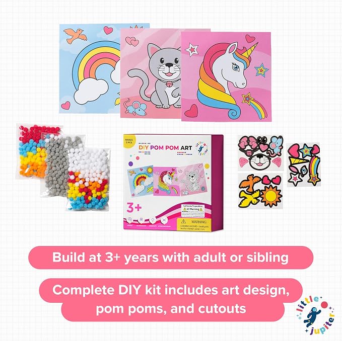 Little Jupiter DIY Pom Pom Art - Makes 3 Pieces -Boy & Girl Crafts for Kids Age 3-5 - Toddler Crafts - Pom Pom Art Projects for Kids 3-5 - (Set 2-Unicorn, Rainbow, Cat)