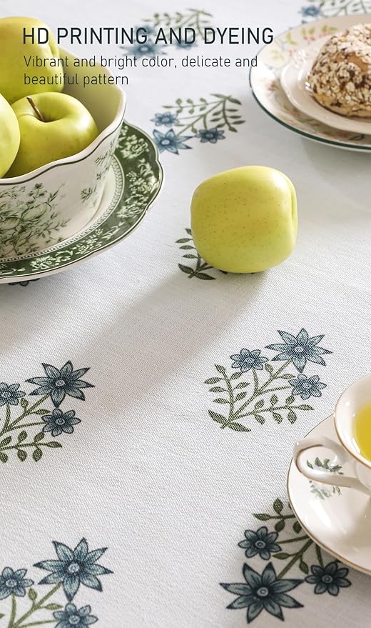 ISAENNE Designer White Linen Long Tablecloth Rectangle,Chinoiserie Floral Elegant Indoor Table Cloth,Fall Stain Proof Decor Tablecloths for Dining Thanksgiving Kitchen,63"*102"-Mosella F