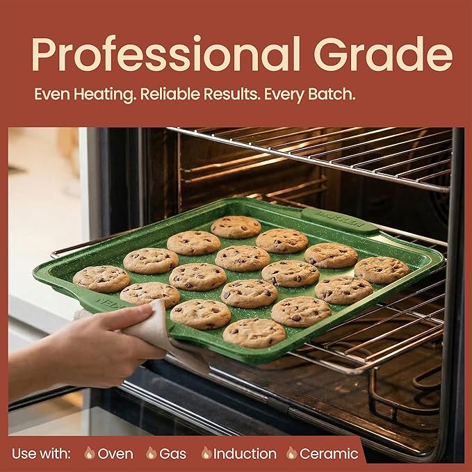 BAKKEN Kitchen Baking Pan Set - Nonstick Green Marble Coating, Carbon Steel Bakeware Sets with Green Silicone Handles, Kitchen Essentials, PFOA, PFOS, PTFE Free, Oven Safe (Up To 450° F), Set of 18