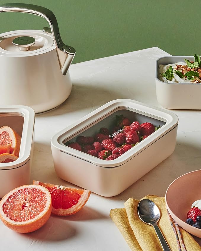 Caraway 6pc Glass Food Storage Set – 6.6 Cup Food Containers (6) - Ceramic Coated - Non Toxic, Non Stick with Lids - Microwave Safe - Sage
