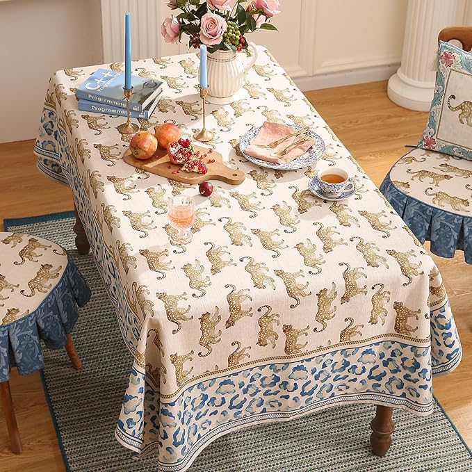 patdrea Designer Linen Rectangular Table Cloth,Vintage Leopard Animal Soft Extra Long Tablecloth,Fall Dacorative Cover for Kitchen Dining,Christmas,Parties,Holiday,Thanksgiving,63"x110"-from