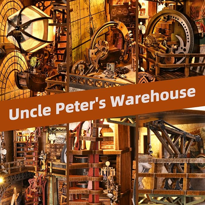 Book Nook Kit - DIY 3D Wooden Puzzle Bookend with LED Lights, Miniature Dollhouse Bookshelf Decor for Adults,Uncle Peter's Warehouse