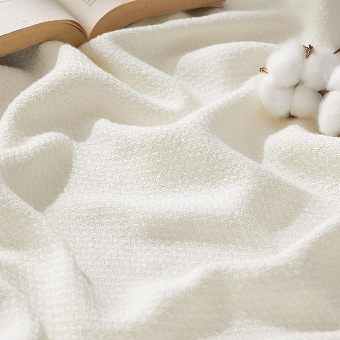 Bedsure 100% Cotton Blanket Queen Size for Bed - Breathable and Lightweight, Soft Cozy Textured Herringbone Woven Blanket for Summer Spring, Ivory, 90x90 inches