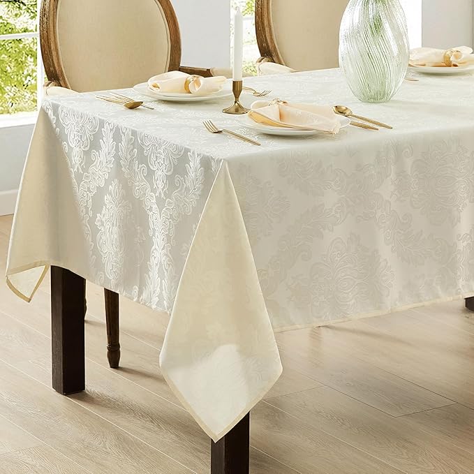 Newbridge Barcelona Luxury Damask Fabric Tablecloth, 70” x 70”, Square, Antique White, 100% Polyester, No Iron, Soil Resistant Dining Room, Party and Banquet Table Cover