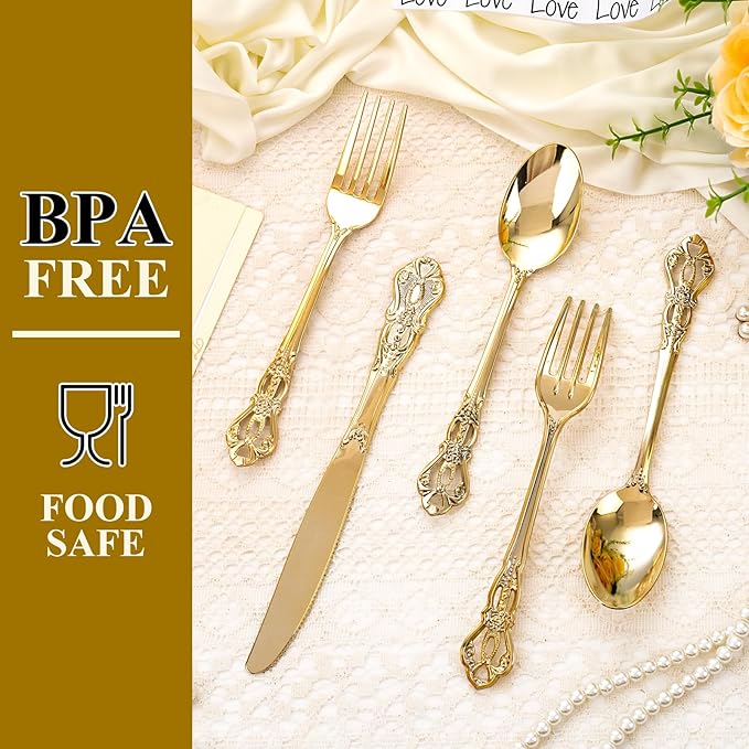 40PCS Gold Plastic Silverware - Heavy Duty Elegant Disposable Utensils - Gold Plastic Cutlery Set Includes 20 Forks, 10 Spoons, 10 Knives for Dinner, Parties, Weddings