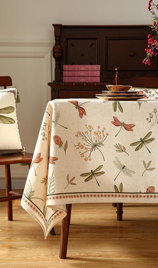 ISAENNE Designer Floral Linen Small Rectangular Tablecloth,French Off White Elegant Table Cloth,Washable Home Decor Tablecloths for Dining Thanksgiving Kitchen Christmas,55"*71"-Grace B