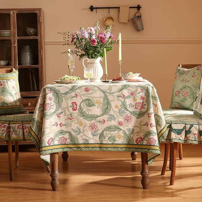 patdrea Designer Linen Tablecloths for Rectangle Table,Green Vintage Leaves Pattern Tablecloth,Decor Floral Table Cover for Kitchen Dining Christmas,Thanksgiving,Tea Party,55"x87"-Cecilia a