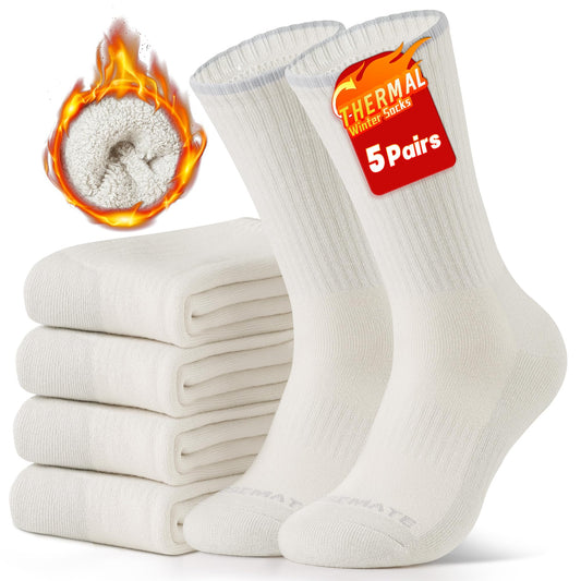 CLOSEMATE Mens Thermal Winter Crew Socks for Boots Thick and Warm for Cold Weather Work Hiking 5 Pairs(5 Beige White, Size L)