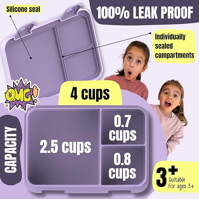 BEARFOOT Bento Box Compact, BPA-Free Children's Lunch Box for School and Nursery, Leak-Proof Lunch Box for Girls and Boys, Practical, Lightweight and Compact (Llama Purple, 4 Cups)