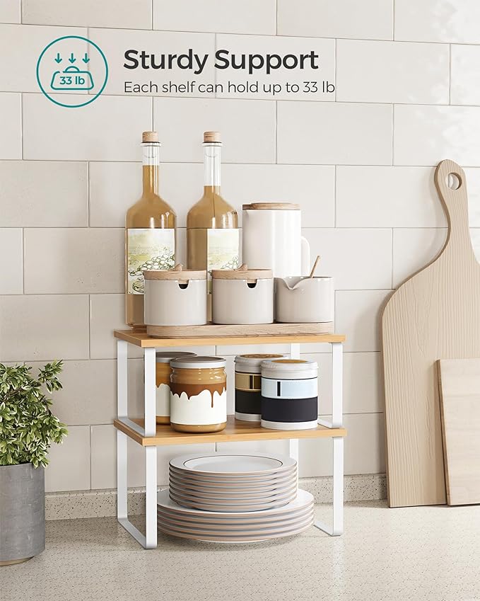 SONGMICS Cabinet Organizer Shelf, Set of 4 Kitchen Counter Shelves, Kitchen Storage, Spice Rack, Stackable, Expandable, Metal and Engineered Wood, Cloud White and Natural Beige UKCS010N01