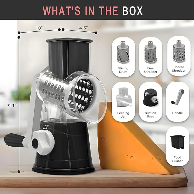Rotary Cheese Grater, Cheese Grater Hand Crank, With Suction Base, Easy Cleaning With 3 Stainless Steel Interchangeable Drum Blades, Black