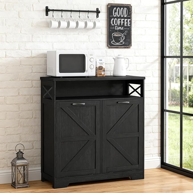 Befrases Double Tilt Out Trash Can Cabinet for 13 * 2 Gallon Garbage Can, Farmhouse Kitchen Garbage Trash Bin for Hidden Laundry Basket, Dual Dog Proof Recycling Cabinet for Dining Living Room, Black