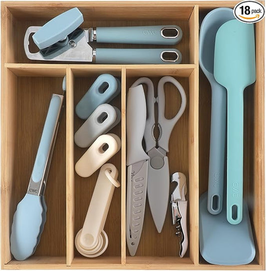 COOK WITH COLOR Bamboo Kitchen Utensil Set with Drawer Organizer | Cooking Tools and Storage Caddy, Blue, 18 Piece Gadget Set