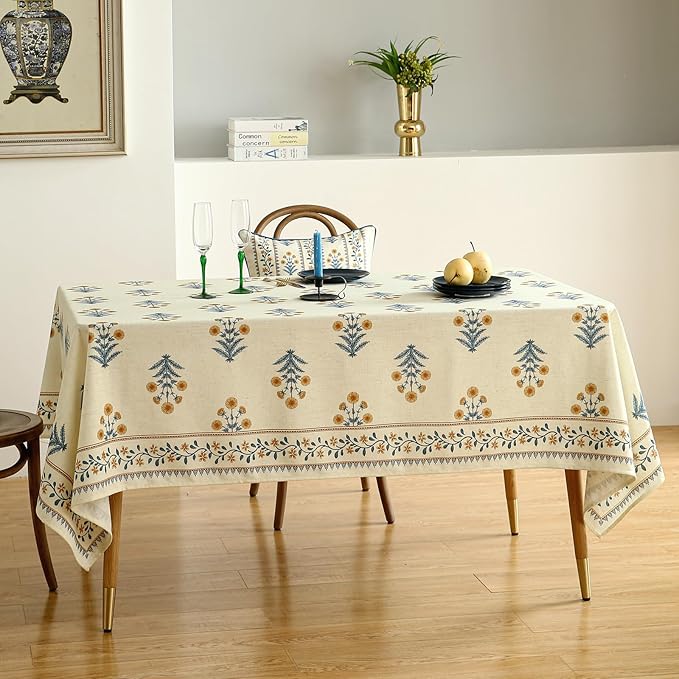 ISAENNE Designer French Pale Yellow Long Tablecloth Rectangle,Linen Floral Table Cloth,Wrinkle Resistant Decor Tablecloths for Dining Thanksgiving Banquet Kitchen Party,63"*94"-Estevan A