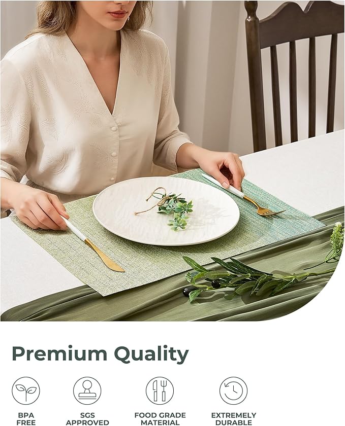 Leetaltree Gradient Green Woven Placemats Set of 8 - Heat Resistant Non-Slip Place mats for Dining Table, Washable Durable PVC Vinyl Woven Table Mats(Gradient Green, 8)