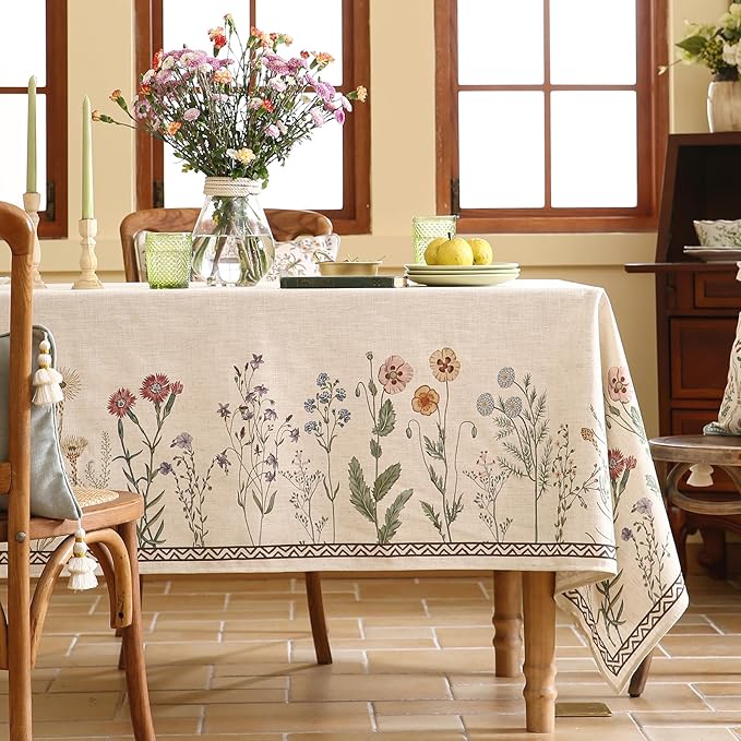 ISAENNE Designer Off White Linen Extra Long Rectangle Tablecloth,Floral Elegant Table Cloth,Stain Resistant Vintage Decor Tablecloths for Dining Thanksgiving Kitchen Party,67"*118"-Serenity G
