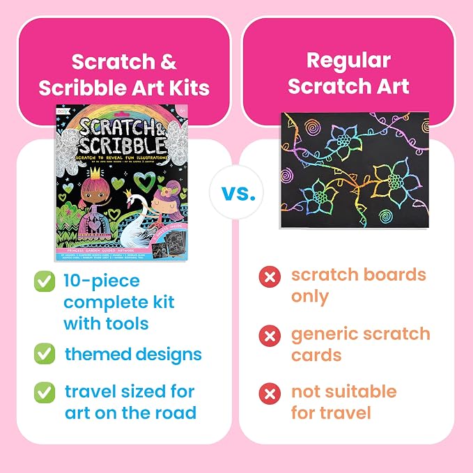 Ooly Scratch & Scribble Travel Crafts for Kids – 1pc Art Kit, Portable Car & Airplane Activity, 8 Scratch Cards + Wooden Stylus + Stickers, Ages 6+ – Dragons
