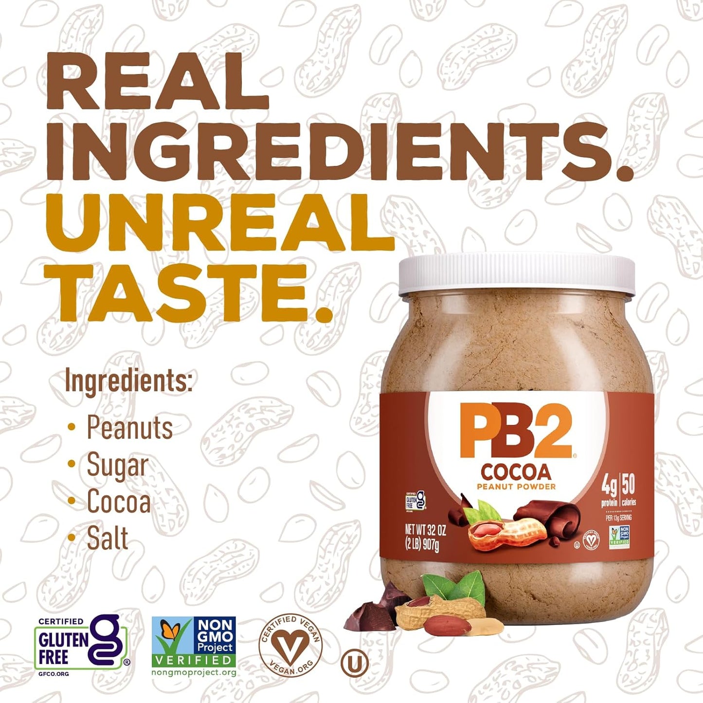 PB2 Powdered Chocolate Peanut Butter with Cocoa | 2lb Jar | 4g of Protein, 90% Less Fat, Certified Gluten Free, Only 50 Calories per Serving for Shakes, Smoothies, Low-Carb, Keto Diets
