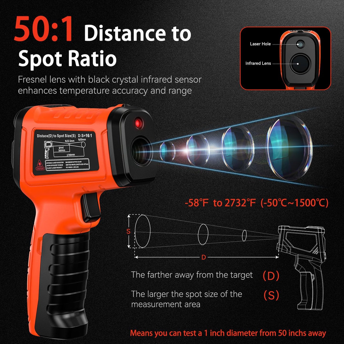 '-58°F to 2732°F Infrared Thermometer IR Laser Gun 50:1, Digital Temperature Gun/K-Type Probe -4°F~932°F, Humidity Sensor, High-Temp Pyrometer for Kiln, Forge, Furnace, Industrial Use