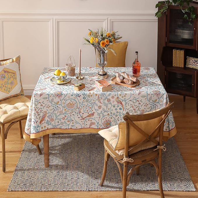 patdrea Designer French Tablecloth for Rectangle Table,Floral Birds Pattern Linen Long Table Cloth,Yellow Decorative Cover for Kitchen Dining Banquet,Christmas,Thanksgiving,63"x94"-Magnolia