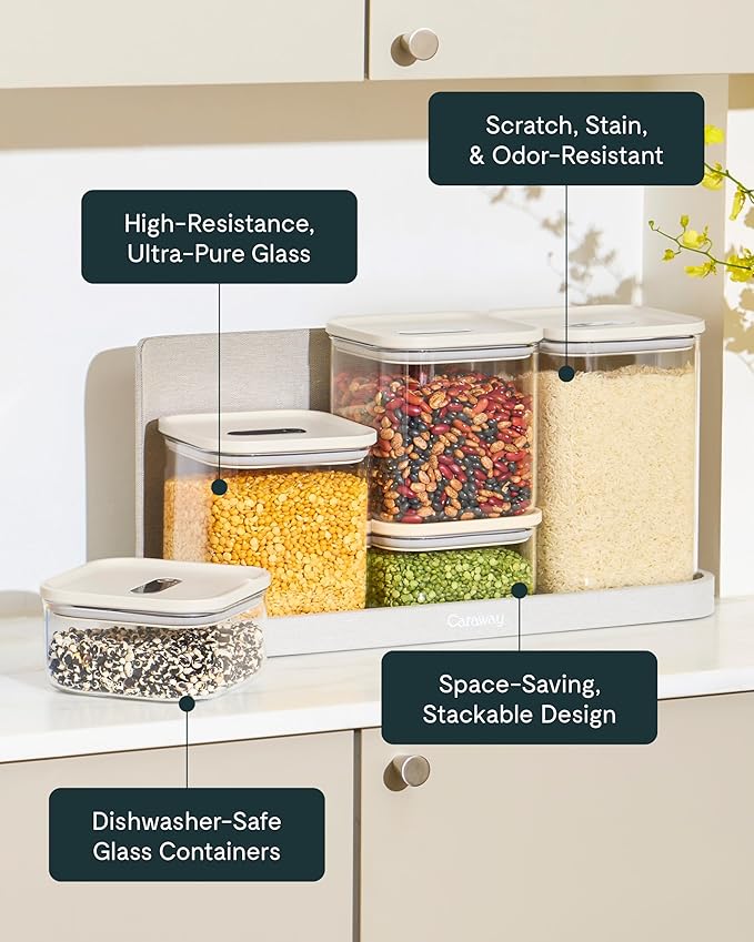 Caraway 2.5qt Glass Airtight Food Storage Container with Lid – Non-Toxic, BPA-Free Kitchen Storage Container – Stackable, Space-Saving Airtight Container for Dry Goods and More - Gray