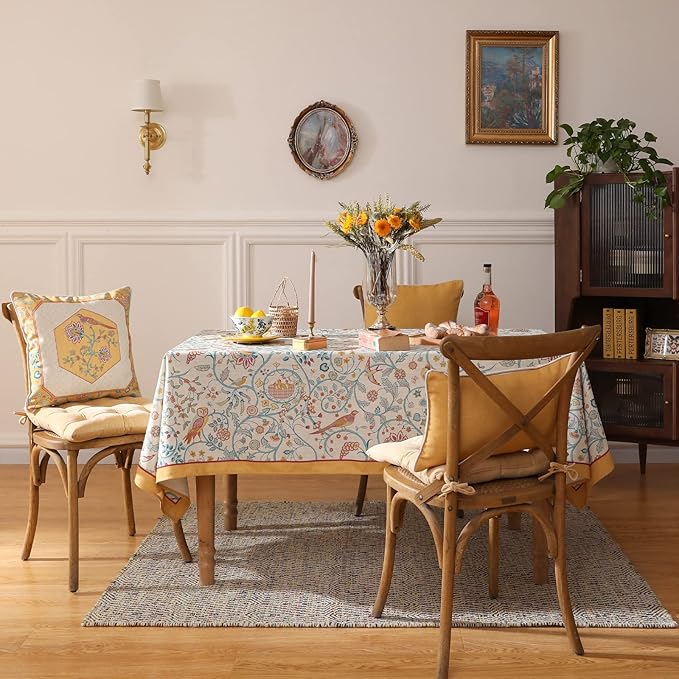 patdrea Designer Vintage Long Rectangular Tablecloth,French Floral Birds Pattern Linen Table Cloth,Yellow Decorative Cover for Kitchen Dining Banquet,Christmas,Thanksgiving,63"x102"-Magnolia