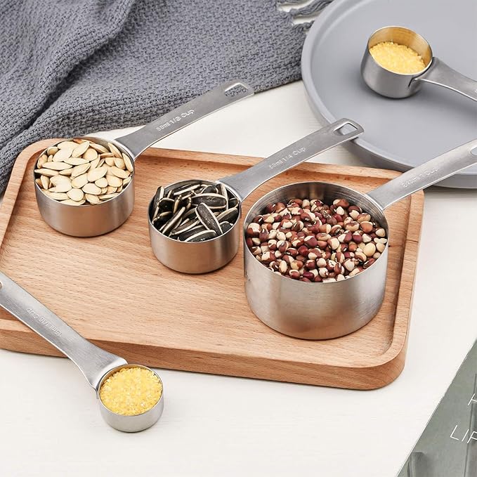 Stainless Steel Measuring Cups set of 8 measuring cups and 1 Magnetic Conversion Chart,1 Locking Ring,The Durable and Portable Kitchen Measuring Kit for Cooking and Baking