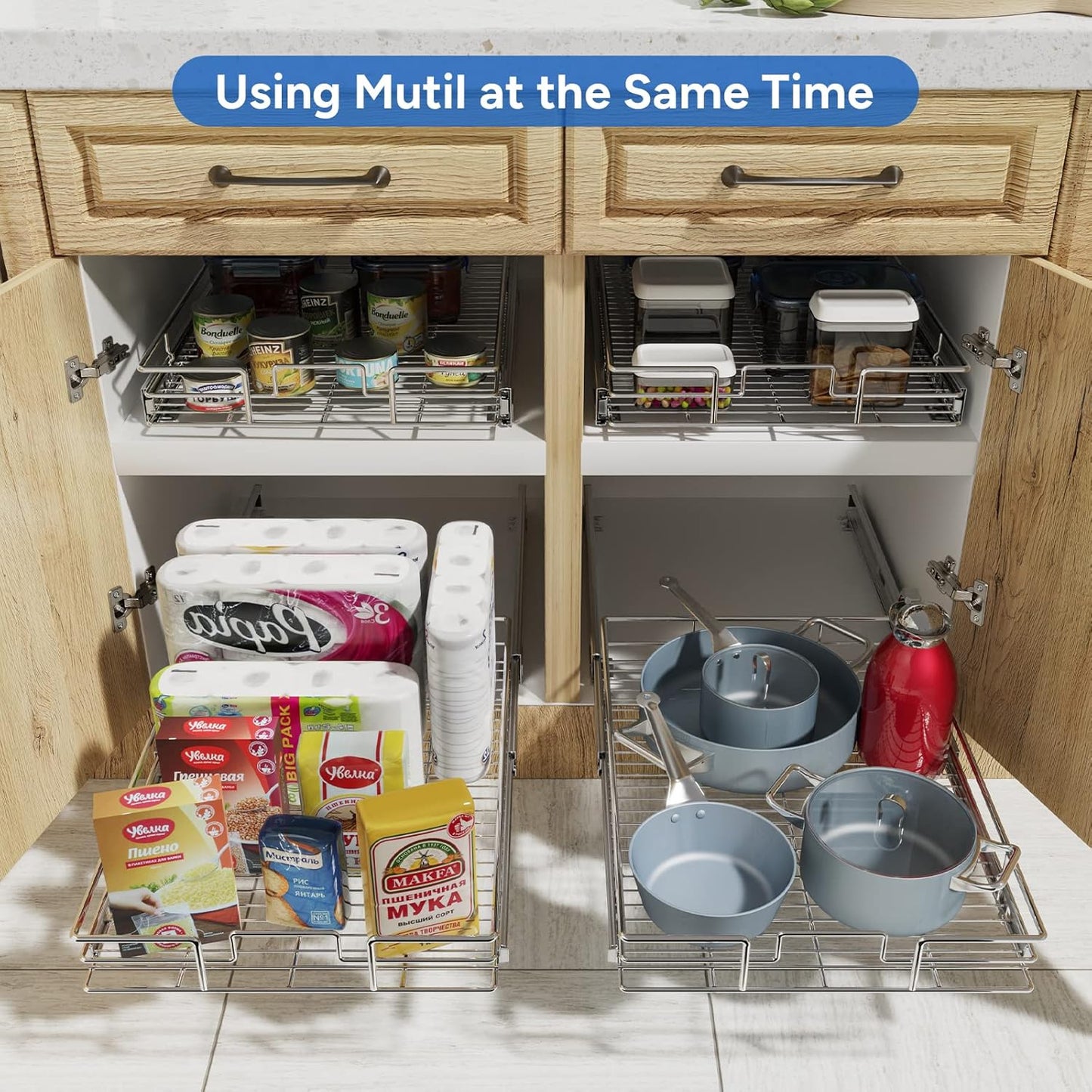 ROOMTEC Pull Out Cabinet Organizer, Cabinet Pull Out Shelves 12½" W x 21½" D, Heavy Duty Cabinet Drawers Slide Out Kitchen Cabinet Organizers Storage Shelf