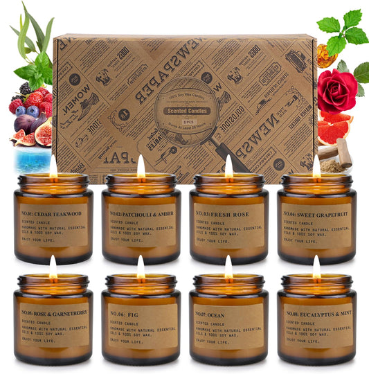8 Pack Candles for Home Scented, Aromatherapy Jar Candle Gifts for Women, Natural Soy Wax Amber Candle Set, Scented Candles Set for Birthday Valentine Mother's Christmas Day Present