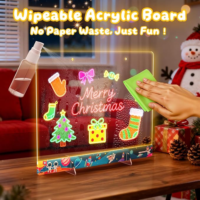 16" LumiBoard LED Drawing Board for Kids - 7 Colors & 10 Modes Rechargeable Acrylic LED Note Board with 7 Markers Cleaning Kit, Sketching & Birthday Gifts for Kids/Girls/Teens（Space）