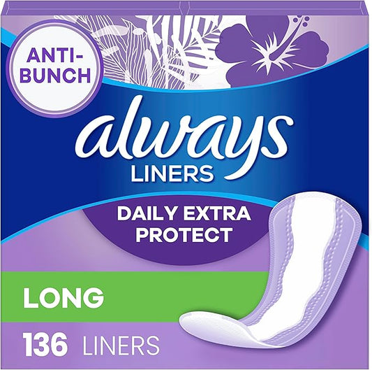 Always Anti-Bunch Xtra Protection Daily Liners, Long Length, Unscented, 136 Count