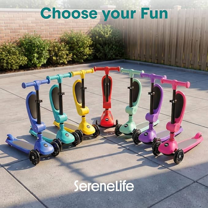 SereneLife 3 Wheel Scooter for Toddlers & Kids, Foldable Seat, LED Wheels, Adjustable Handlebar, Anti-Slip Deck, Rear Foot Brake, Lean-to-Steer, Kid Scooter Ages 18M–7Y, Supports up to 110 lbs, Yellow