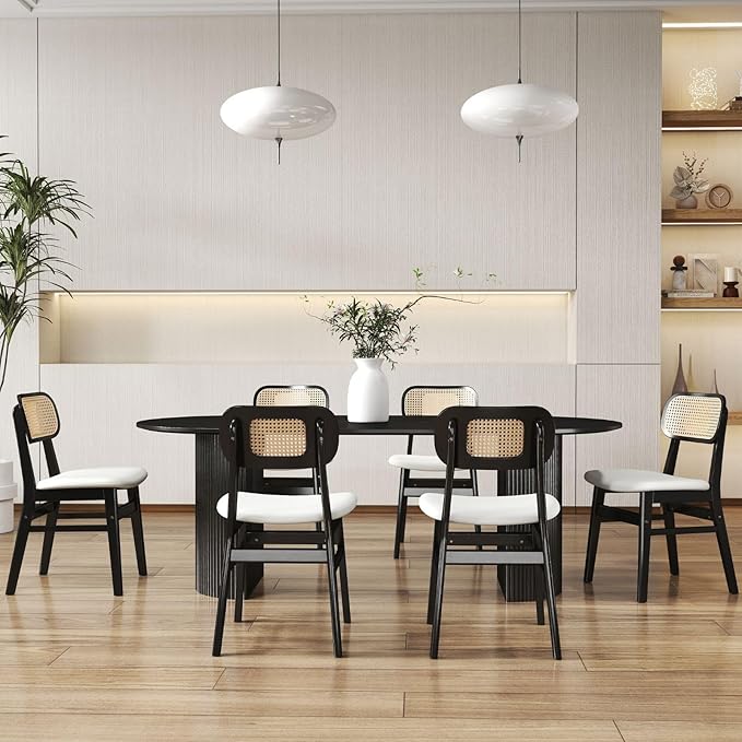 Black Rattan Dining Chairs Set of 4 Lambswool Dining Room Chairs Natural Wooden Kitchen Chairs Farmhouse Boho