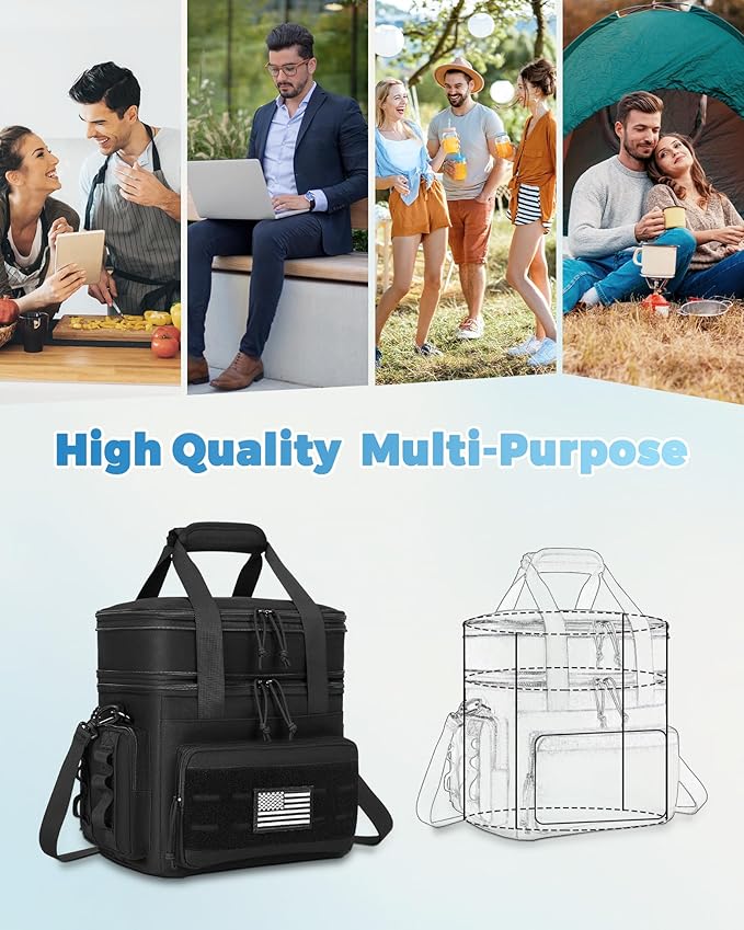 holuxer Tactical Lunch Bag & Lunch Box for Men - Large Double Deck Expandable Insulated Soft Adult Lunchbox for Work - Cooler Bag for Beach, Picnic, Camping,Outdoor，Travel (Black,23L)