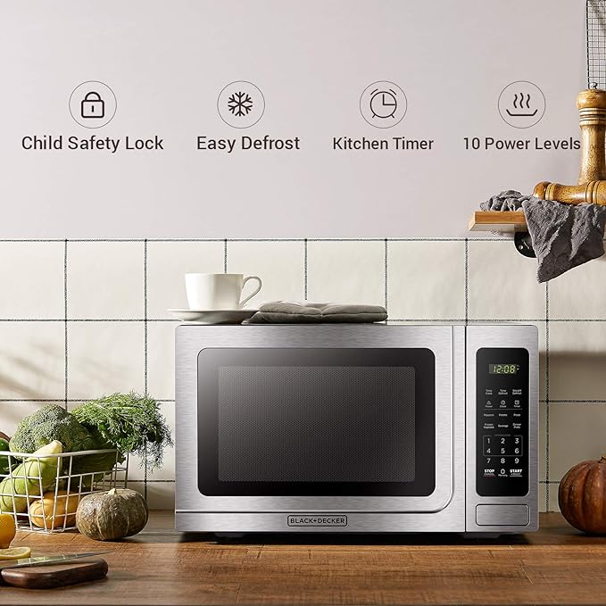 BLACK+DECKER EM036AB14 Digital Microwave Oven with Turntable Push-Button Door, Child Safety Lock, Stainless Steel, 1.4 Cu.ft