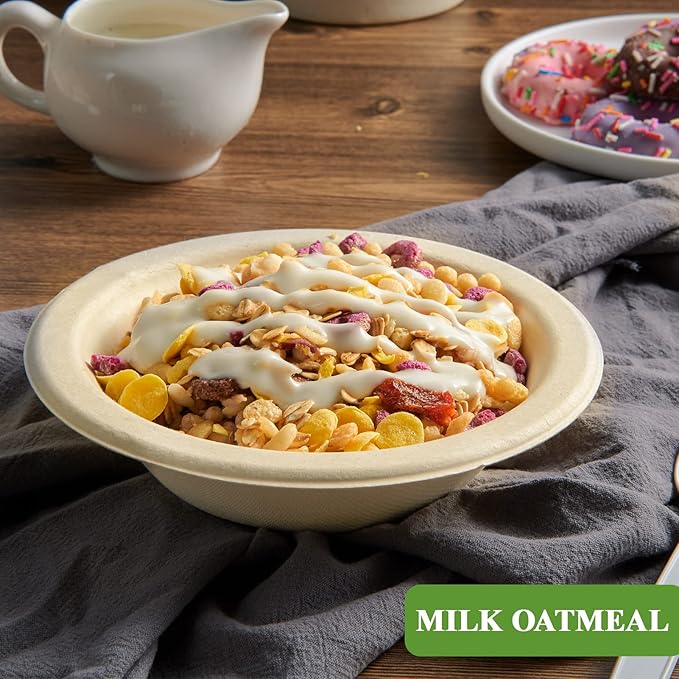 Vplus 200 Pack 12 OZ Paper Bowls, Disposable Compostable Bulk, Eco-friendly Bagasse, Heavy-duty Bowls Perfect for Milk Cereals, Snacks, Salads