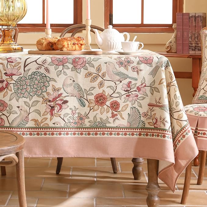 patdrea Designer Pink Linen Table Cloth for Rectangle Table,Vintage Floral with Birds Pattern Decorative Tablcloth,French Table Cover for Kitchen Dining,Thanksgiving,Christmas,63"x102"-Kulom a