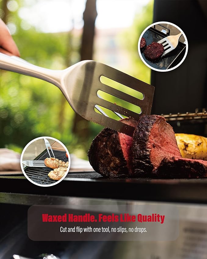 Heavy-Duty Dikela Wooden BBQ Grilling Tools Set. Extra Thick Stainless Steel Multi-Function Spatula, Fork & Tongs | Essential Accessories for Barbecue & Grill. Ideal Gift for Father