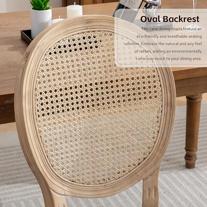 Rattan Back Upholstered Dining Chairs Set of 4 French Country Oval Kitchen Side Chairs with Wood Legs for Dining Room, Kitchen, Restaurant(Beige-Rattan)