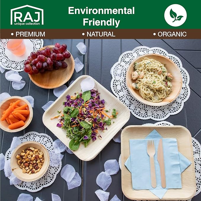 Raj Disposable Palm Leaf Bulk Bowls (200 Count, 4" Bowls) Strong Bowl Like Bamboo Party Bowl - Decorative Compostable Tableware for Lunch, Dinner, Birthday, Outdoor, BBQ, Picnic, Parties