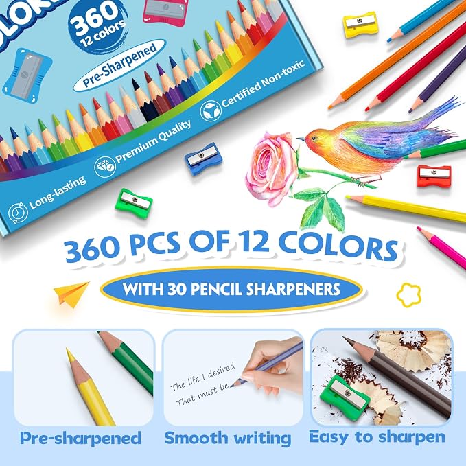 360 Count Colored Pencils Bulk for Classrrom, Color Pencils for Kids in 12 Vibrant Colors, Pre-sharpened Coloring Pencils Set Plus 30 Sharpeners, Bulk Pack Colored Pencils for Back to School Supplies