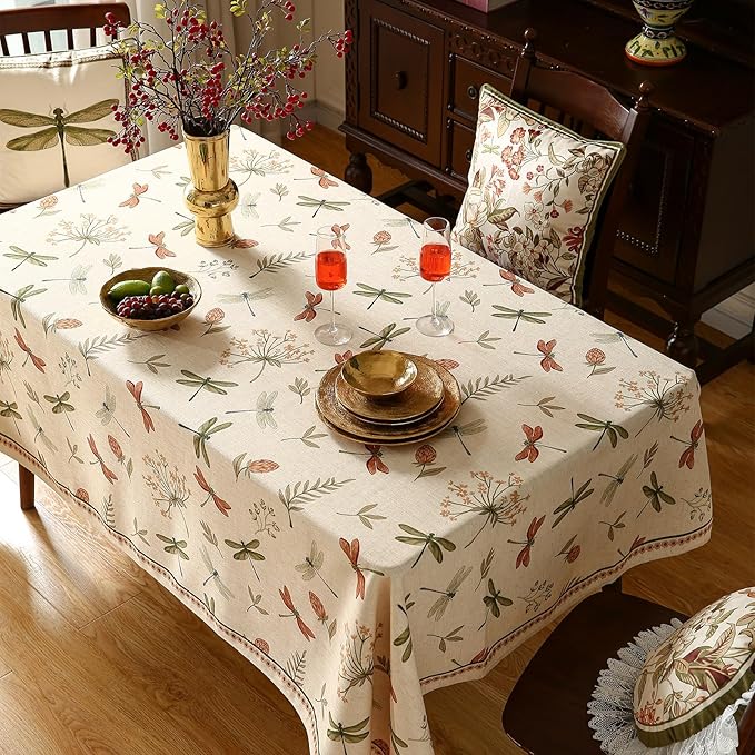 ISAENNE Designer Floral Linen Extra Long Table Cloth Rectangle,French Off White Elegant Tablecloth,Washable Home Decor Tablecloths for Dining Thanksgiving Kitchen Christmas,63"*110"-Grace B