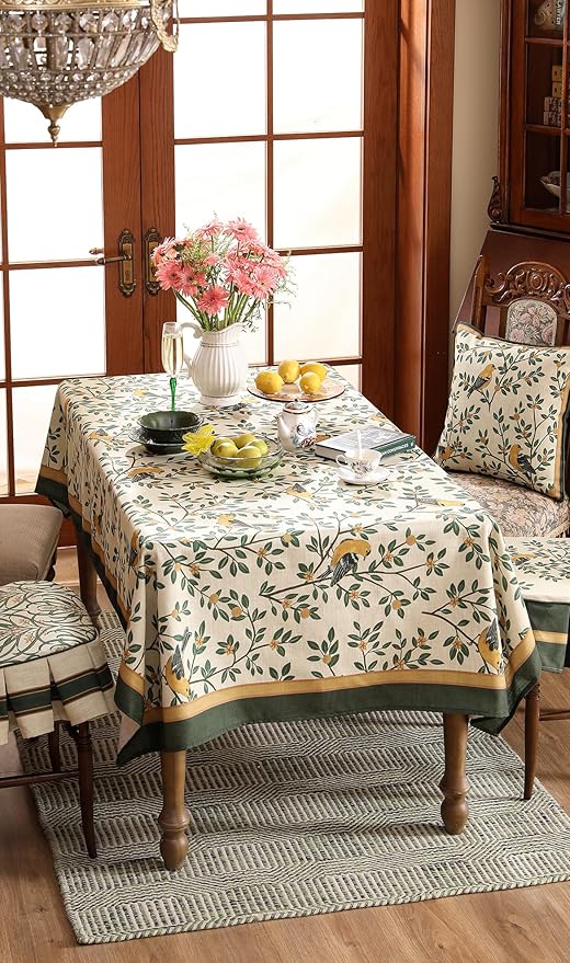 patdrea Designer Vintage French Small Rectangle Table Cloth,Green Linen Yellow Birds and Leaves Pattern Tablecloth,Decor Table Cover Kitchen Dining Christmas,Banquet,Thanksgiving,55"x71"-Warbler